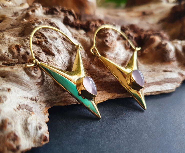 Geometric Triangle Rose Quartz & Brass Earrings / Tribal / Mandala / Ethnic / Rustic / Yoga / Boho / Bohemian / Festival Fashion / Gifts