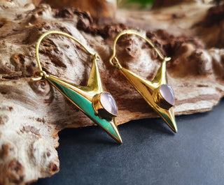 Geometric Triangle Rose Quartz & Brass Earrings / Tribal / Mandala / Ethnic / Rustic / Yoga / Boho / Bohemian / Festival Fashion / Gifts