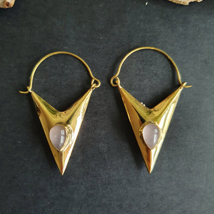Geometric Triangle Rose Quartz & Brass Earrings / Tribal / Mandala / Ethnic / Rustic / Yoga / Boho / Bohemian / Festival Fashion / Gifts