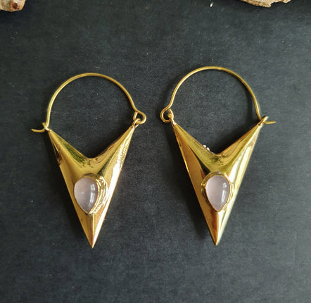 Geometric Triangle Rose Quartz & Brass Earrings / Tribal / Mandala / Ethnic / Rustic / Yoga / Boho / Bohemian / Festival Fashion / Gifts