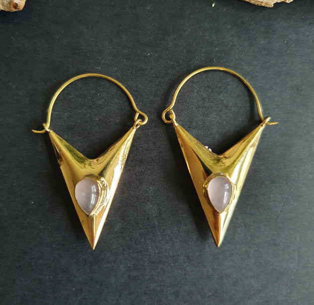 Geometric Triangle Rose Quartz & Brass Earrings / Tribal / Mandala / Ethnic / Rustic / Yoga / Boho / Bohemian / Festival Fashion / Gifts