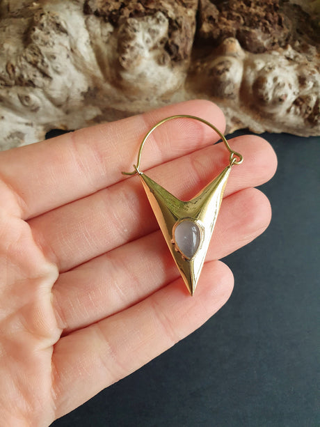 Geometric Triangle Rose Quartz & Brass Earrings / Tribal / Mandala / Ethnic / Rustic / Yoga / Boho / Bohemian / Festival Fashion / Gifts
