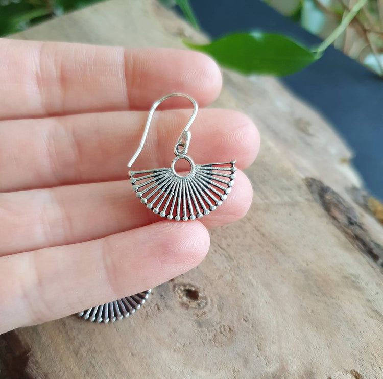 Boho Fan Drop Silver Earrings; Hypoallergenic Ethnic, Geometric, Small, Rustic, Yoga, Hippie, Gypsy, Pretty, Ssy, Boho, Bohemian, Festival