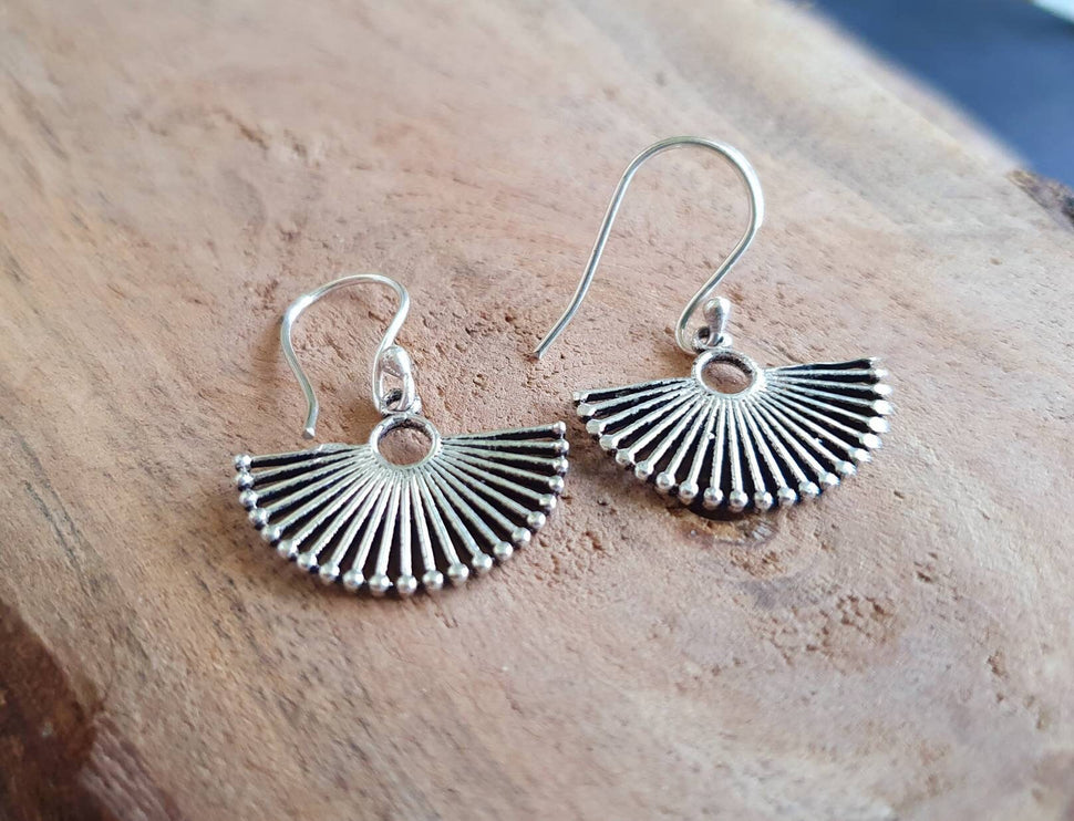 Boho Fan Drop Silver Earrings; Hypoallergenic Ethnic, Geometric, Small, Rustic, Yoga, Hippie, Gypsy, Pretty, Ssy, Boho, Bohemian, Festival