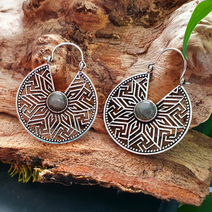 Aztec Labradorite Silver Hoop Earrings Ethnic, rustic, yoga, hippie, gypsy, pretty, psy, boho, bohemian, festival