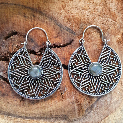 Aztec Labradorite Silver Hoop Earrings Ethnic, rustic, yoga, hippie, gypsy, pretty, psy, boho, bohemian, festival
