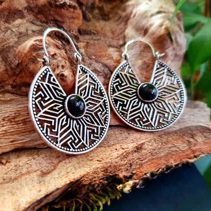 Aztec Black Onyx Silver Hoop Earrings Ethnic, rustic, yoga, hippie, gypsy, pretty, psy, boho, bohemian, festival