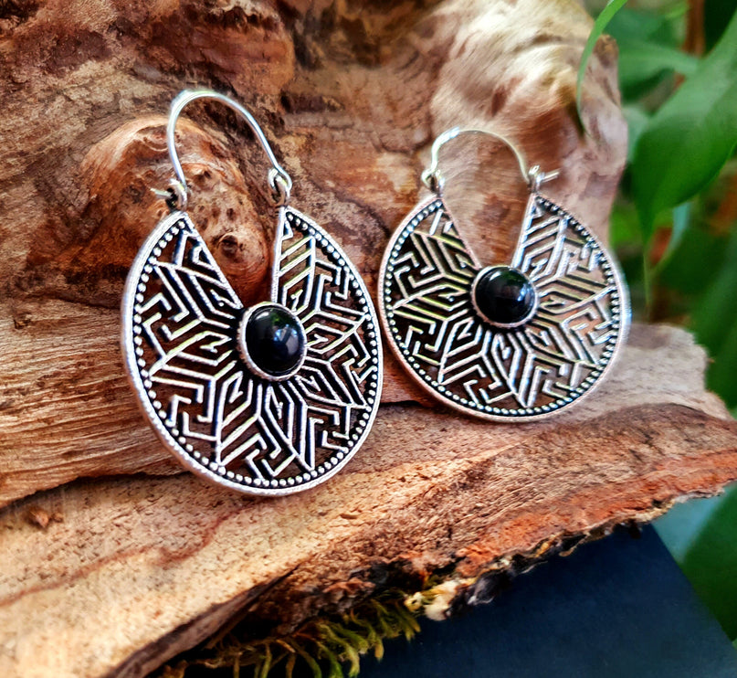 Aztec Black Onyx Silver Hoop Earrings Ethnic, rustic, yoga, hippie, gypsy, pretty, psy, boho, bohemian, festival