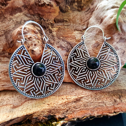 Aztec Black Onyx Silver Hoop Earrings Ethnic, rustic, yoga, hippie, gypsy, pretty, psy, boho, bohemian, festival