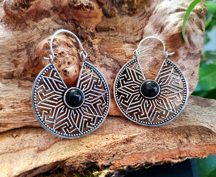Aztec Black Onyx Silver Hoop Earrings Ethnic, rustic, yoga, hippie, gypsy, pretty, psy, boho, bohemian, festival