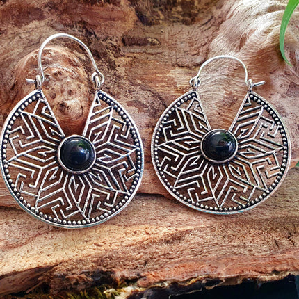 Aztec Black Onyx Silver Hoop Earrings Ethnic, rustic, yoga, hippie, gypsy, pretty, psy, boho, bohemian, festival