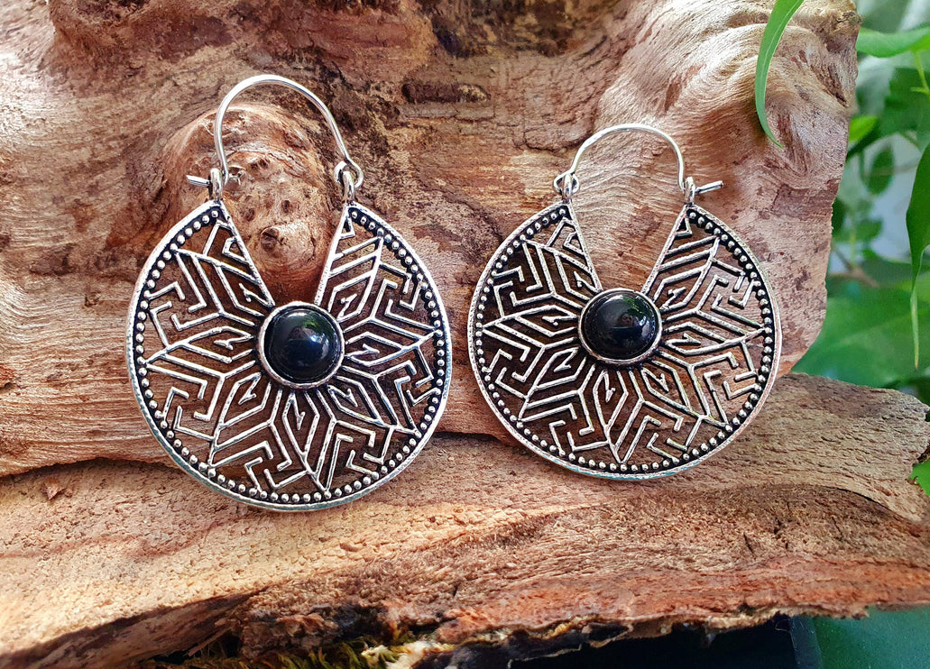 Aztec Black Onyx Silver Hoop Earrings Ethnic, rustic, yoga, hippie, gypsy, pretty, psy, boho, bohemian, festival