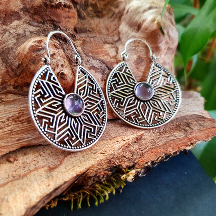 Aztec Amethyst Silver Hoop Earrings Ethnic, rustic, yoga, hippie, gypsy, pretty, psy, boho, bohemian, festival