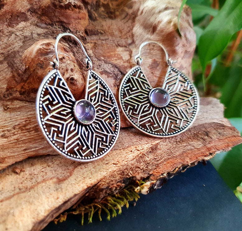 Aztec Amethyst Silver Hoop Earrings Ethnic, rustic, yoga, hippie, gypsy, pretty, psy, boho, bohemian, festival