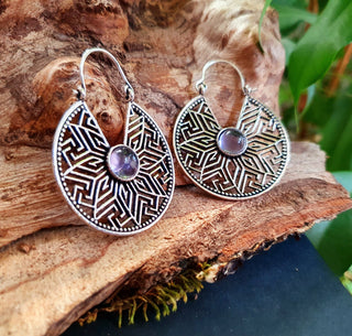 Aztec Amethyst Silver Hoop Earrings Ethnic, rustic, yoga, hippie, gypsy, pretty, psy, boho, bohemian, festival