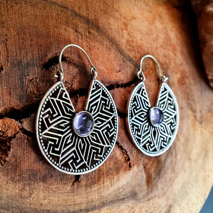 Aztec Amethyst Silver Hoop Earrings Ethnic, rustic, yoga, hippie, gypsy, pretty, psy, boho, bohemian, festival