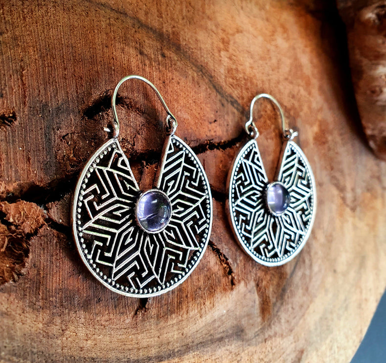 Aztec Amethyst Silver Hoop Earrings Ethnic, rustic, yoga, hippie, gypsy, pretty, psy, boho, bohemian, festival