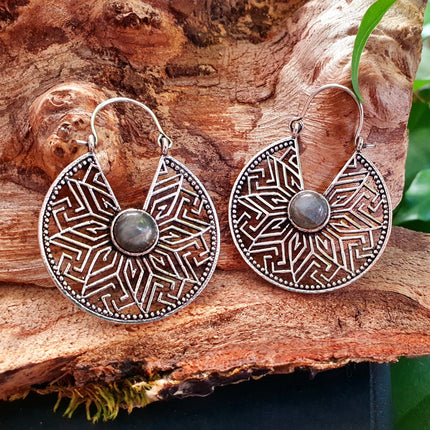 Aztec Labradorite Silver Hoop Earrings Ethnic, rustic, yoga, hippie, gypsy, pretty, psy, boho, bohemian, festival