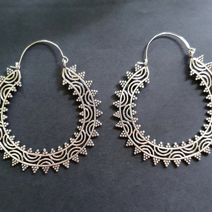 Extra Large Silver Hoop Earrings; Boho Ethnic Rustic Indian Festival Psy Gypsy Spiral Hippie style