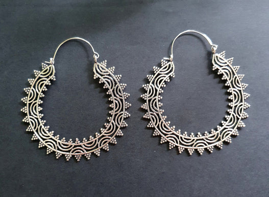 Extra Large Silver Hoop Earrings; Boho Ethnic Rustic Indian Festival Psy Gypsy Spiral Hippie style