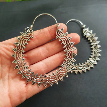 Extra Large Silver Hoop Earrings; Boho Ethnic Rustic Indian Festival Psy Gypsy Spiral Hippie style