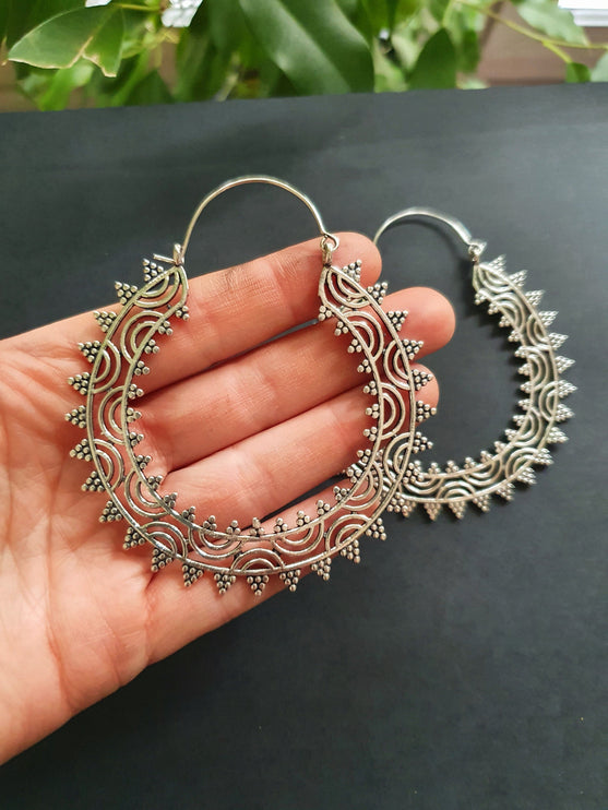 Extra Large Silver Hoop Earrings; Boho Ethnic Rustic Indian Festival Psy Gypsy Spiral Hippie style