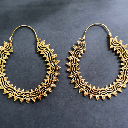 Extra large Brass Hoop Earrings; Boho Ethnic Rustic Indian Festival Psy Gypsy Spiral Hippie style