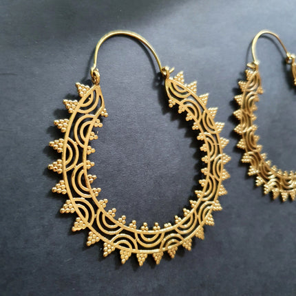 Extra large Brass Hoop Earrings; Boho Ethnic Rustic Indian Festival Psy Gypsy Spiral Hippie style