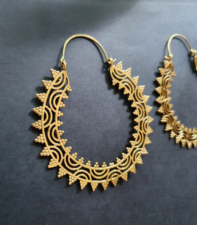 Extra large Brass Hoop Earrings; Boho Ethnic Rustic Indian Festival Psy Gypsy Spiral Hippie style