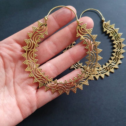 Extra large Brass Hoop Earrings; Boho Ethnic Rustic Indian Festival Psy Gypsy Spiral Hippie style