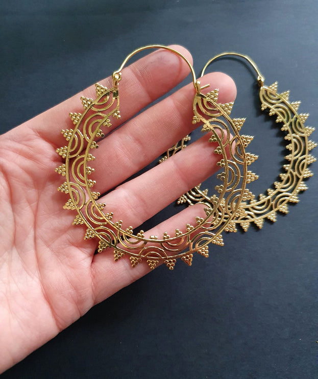 Extra large Brass Hoop Earrings; Boho Ethnic Rustic Indian Festival Psy Gypsy Spiral Hippie style