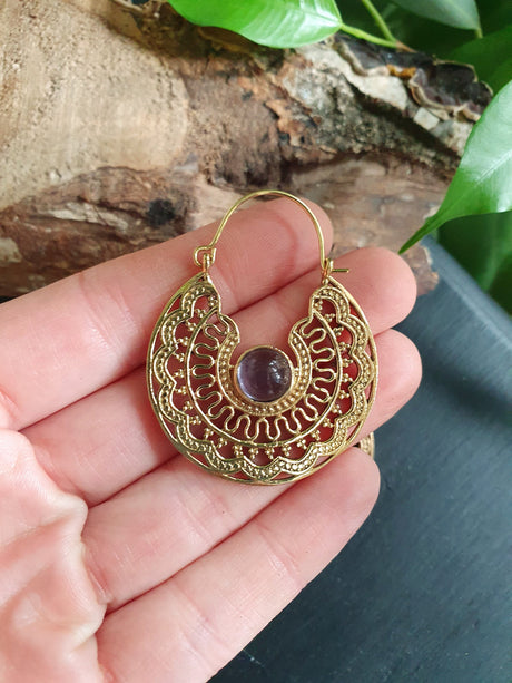 Golden Amethyst Earrings Ethnic, rustic, yoga, hippie, gypsy, pretty, psy, boho, bohemian, festival
