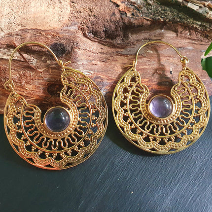 Golden Amethyst Earrings Ethnic, rustic, yoga, hippie, gypsy, pretty, psy, boho, bohemian, festival