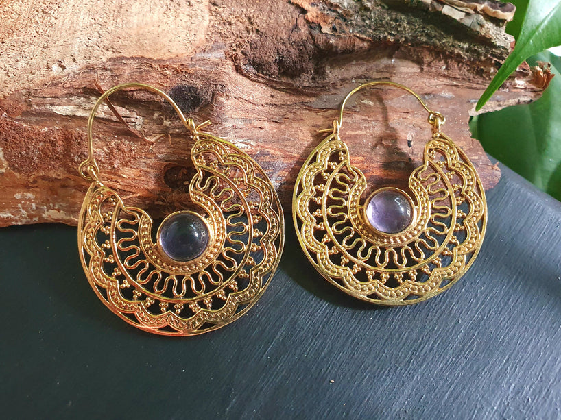 Golden Amethyst Earrings Ethnic, rustic, yoga, hippie, gypsy, pretty, psy, boho, bohemian, festival