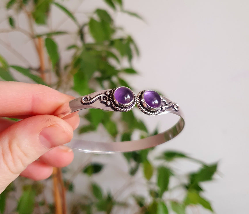 Amethyst Bracelet / Bangle / Silver / Ethnic / Rustic / Bohemian / Hippie / Gypsy / Psy / Chic / Jewellery / Body / Adjustable