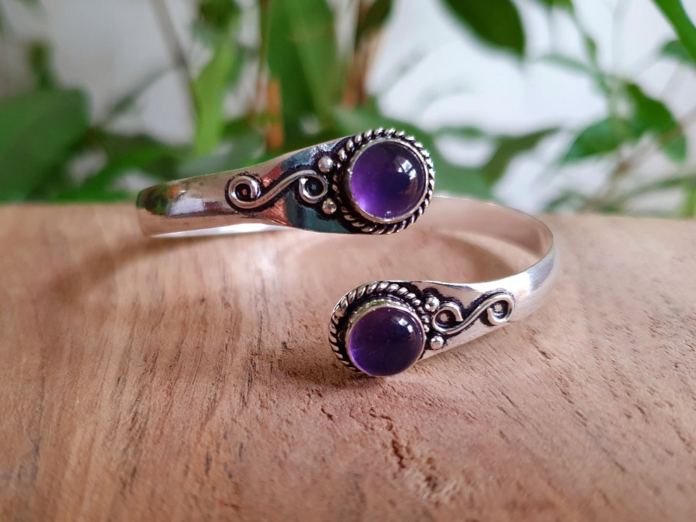 Amethyst Bracelet / Bangle / Silver / Ethnic / Rustic / Bohemian / Hippie / Gypsy / Psy / Chic / Jewellery / Body / Adjustable