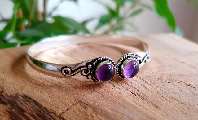 Amethyst Bracelet / Bangle / Silver / Ethnic / Rustic / Bohemian / Hippie / Gypsy / Psy / Chic / Jewellery / Body / Adjustable