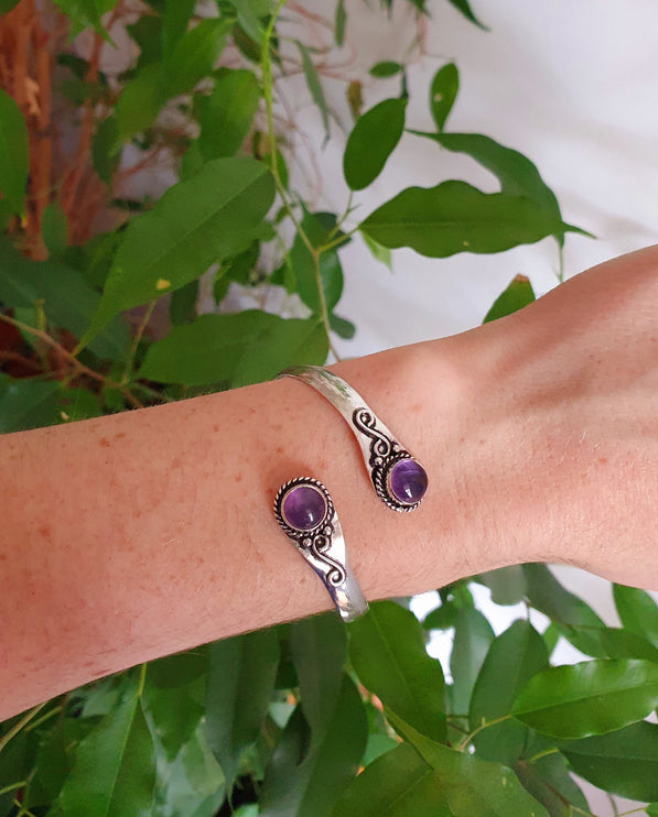 Amethyst Bracelet / Bangle / Silver / Ethnic / Rustic / Bohemian / Hippie / Gypsy / Psy / Chic / Jewellery / Body / Adjustable