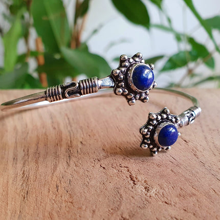 Bali Flower Silver Bracelet / Lapis Lazuli / Bangle / Ethnic / Rustic / Bohemian / Hippie / Gypsy / Psy / Adjustable