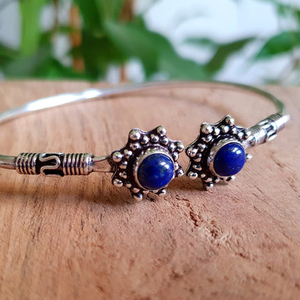 Bali Flower Silver Bracelet / Lapis Lazuli / Bangle / Ethnic / Rustic / Bohemian / Hippie / Gypsy / Psy / Adjustable