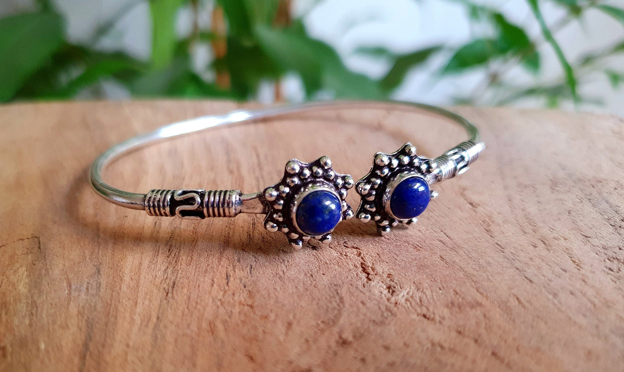 Bali Flower Silver Bracelet / Lapis Lazuli / Bangle / Ethnic / Rustic / Bohemian / Hippie / Gypsy / Psy / Adjustable