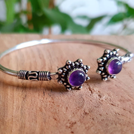 Amethyst Bali Flower Silver Bracelet / Bangle / Ethnic / Rustic / Bohemian / Hippie / Gypsy / Psy / Adjustable