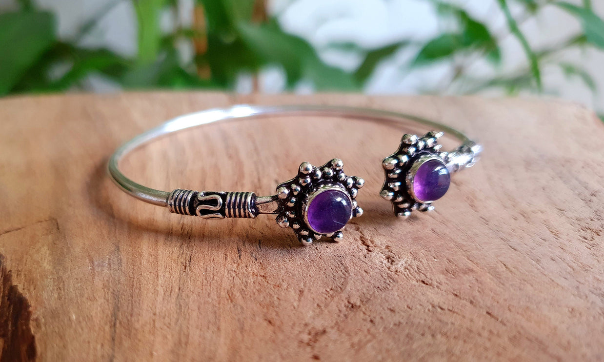 Amethyst Bali Flower Silver Bracelet / Bangle / Ethnic / Rustic / Bohemian / Hippie / Gypsy / Psy / Adjustable