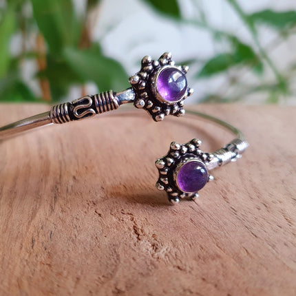 Amethyst Bali Flower Silver Bracelet / Bangle / Ethnic / Rustic / Bohemian / Hippie / Gypsy / Psy / Adjustable