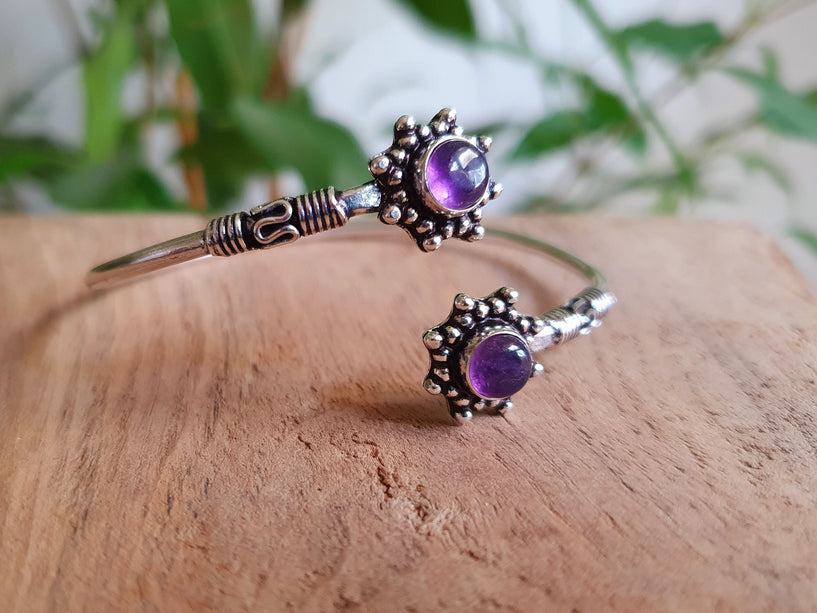 Amethyst Bali Flower Silver Bracelet / Bangle / Ethnic / Rustic / Bohemian / Hippie / Gypsy / Psy / Adjustable