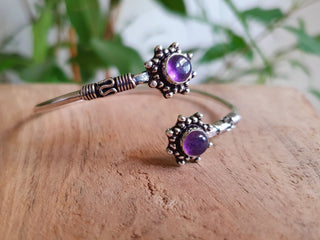 Amethyst Bali Flower Silver Bracelet / Bangle / Ethnic / Rustic / Bohemian / Hippie / Gypsy / Psy / Adjustable