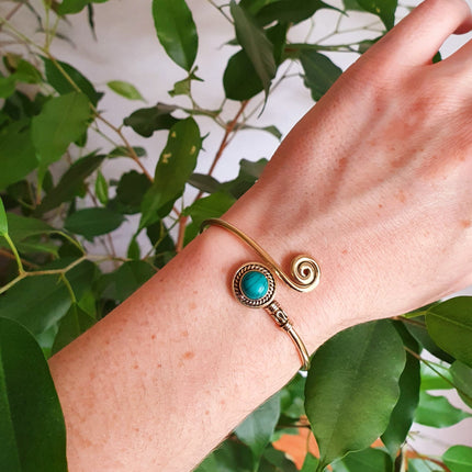 Jonc Turquoise / Laiton / Spirale / Bracelet / Ethnique / Bohème / Réglable / Boho