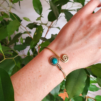 Gold Bracelet & Amethyst / Brass / Adjustable / Spiral / Ethnic / Rustic / Bohemian / Boho /