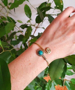 Gold Bracelet & Turquoise / Brass / Adjustable / Spiral / Ethnic / Rustic / Bohemian / Boho /