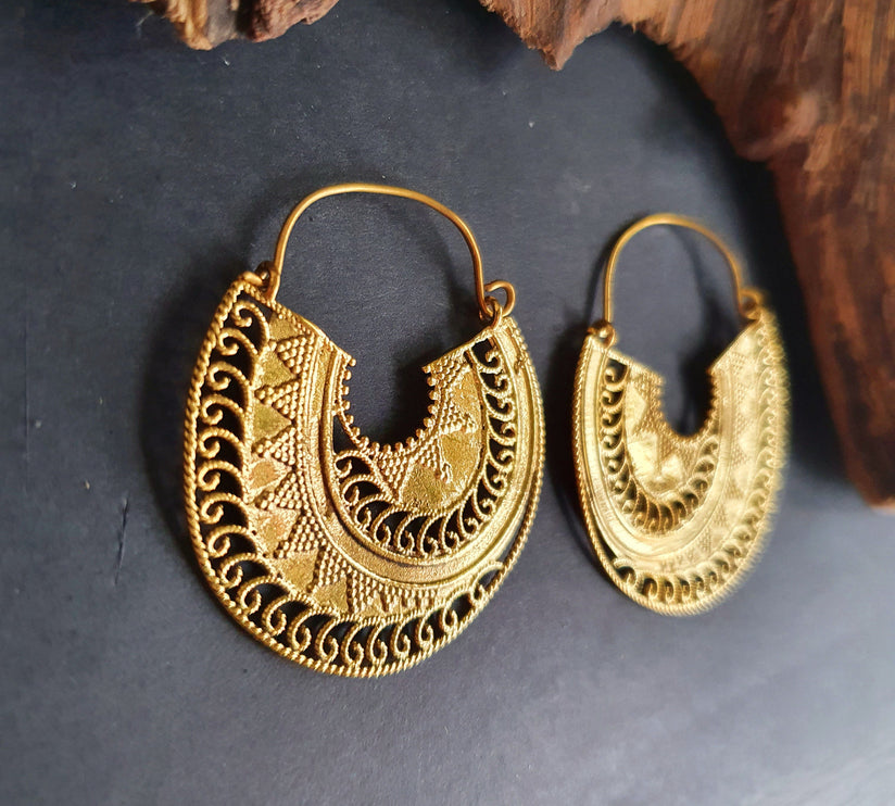 Ethnic Brass Earrings;, Geometric, rustic, yoga, hippie, gypsy, pretty, psy, boho, bohemian, festival